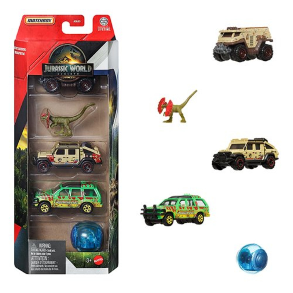 Matchbox Jurassic World 5-Pack, 4 1:64 Scale Die-Cast Toy Cars with 1 Dinosaur (Styles May Vary)