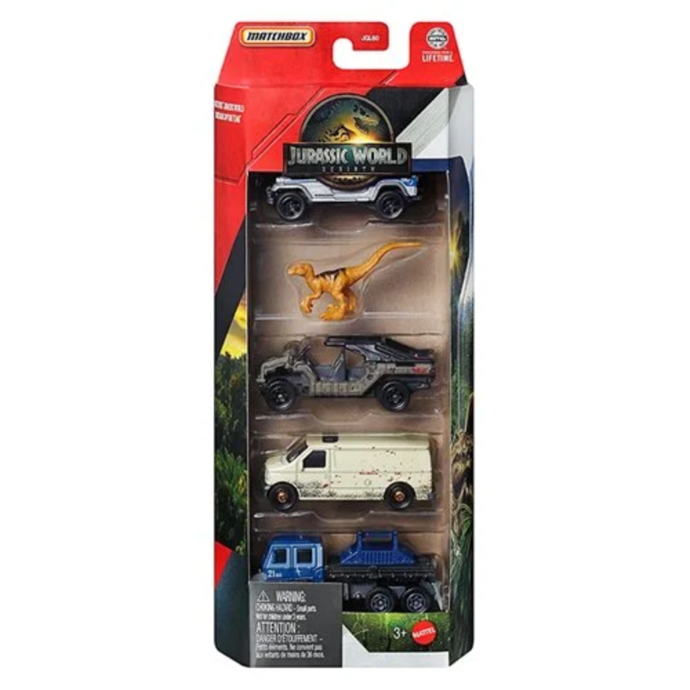 Matchbox Jurassic World 5-Pack, 4 1:64 Scale Die-Cast Toy Cars with 1 Dinosaur (Styles May Vary)