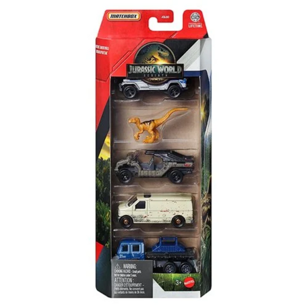Matchbox Jurassic World 5-Pack, 4 1:64 Scale Die-Cast Toy Cars with 1 Dinosaur (Styles May Vary)