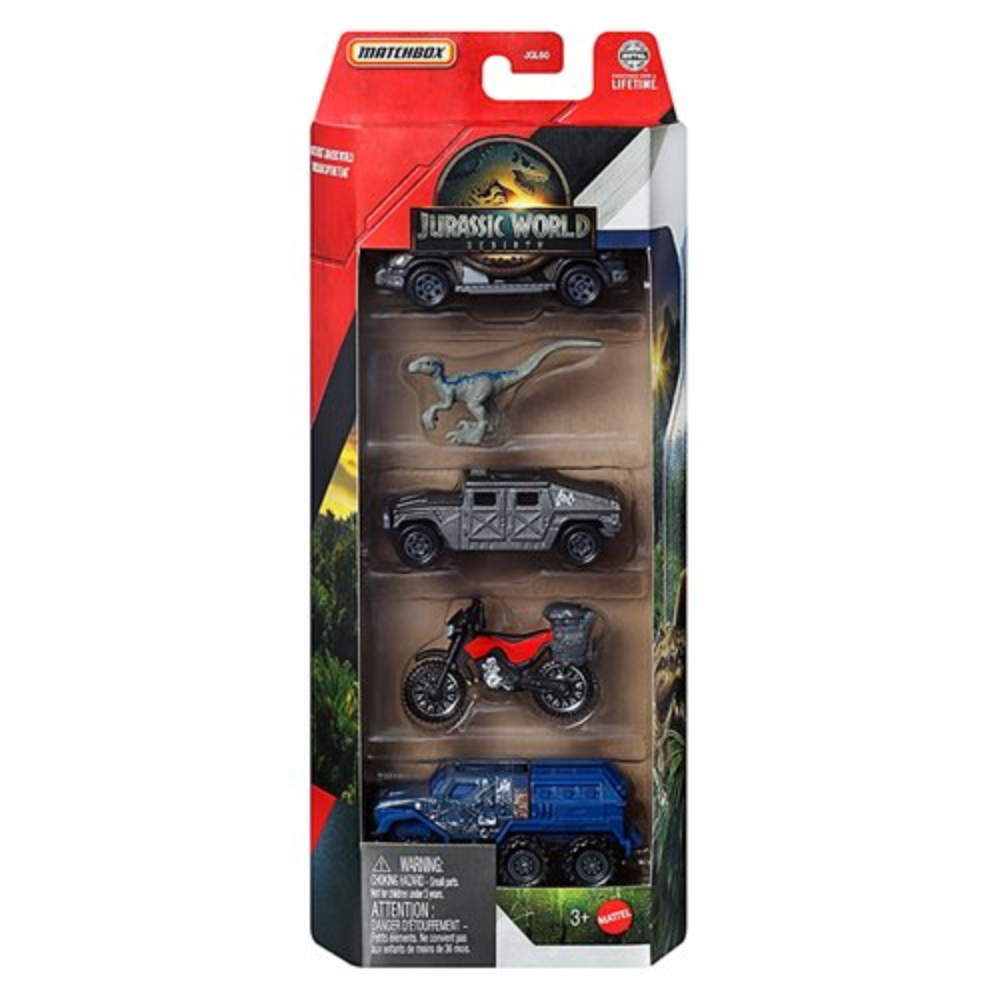 Matchbox Jurassic World 5-Pack, 4 1:64 Scale Die-Cast Toy Cars with 1 Dinosaur (Styles May Vary)