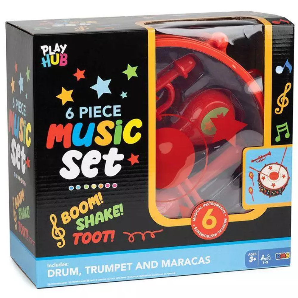 6pc Music Set Kids Drum & Sticks Trumpet 2 Maracas Musical Educational Set