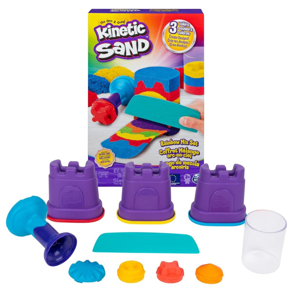 Kinetic Sand Rainbow Mix Set with 3 Colours of Kinetic Sand (382g) and 6 Tools