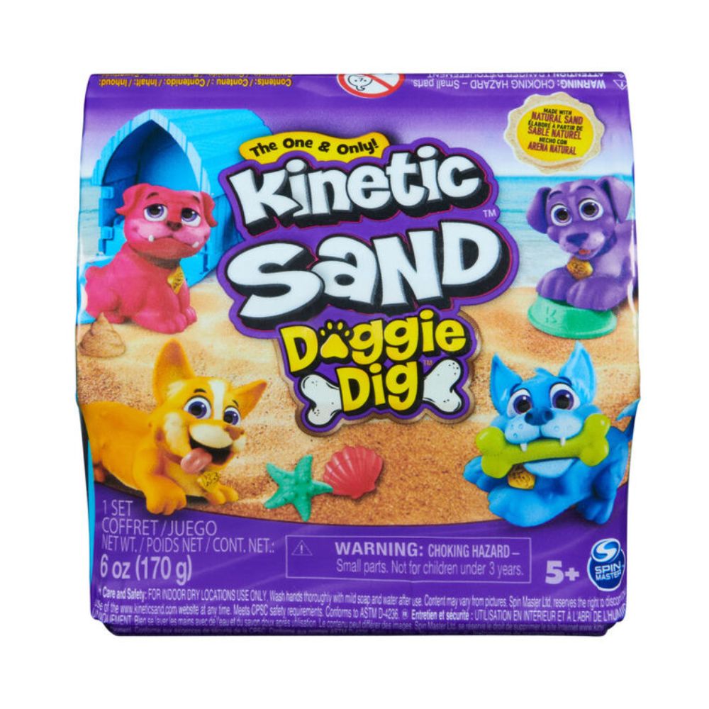 Kinetic Sand, Doggie Dig with Surprise Multipurpose Dog Tool, 6oz Beach Sand and Play Sand Storage
