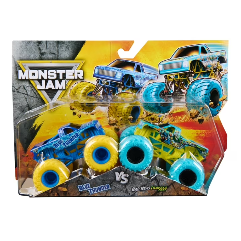 Monster Jam Blue Thunder Vs. Bad News Travels Fast Die-Cast Monster Trucks 1:64 Scale
