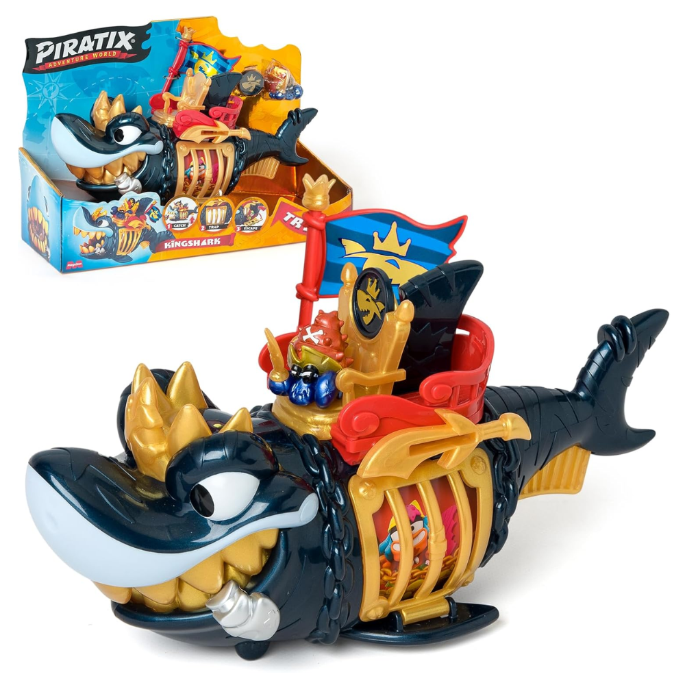 PIRATIX King Shark Golden Teeth - Articulated shark with a cage to capture rival Piratix