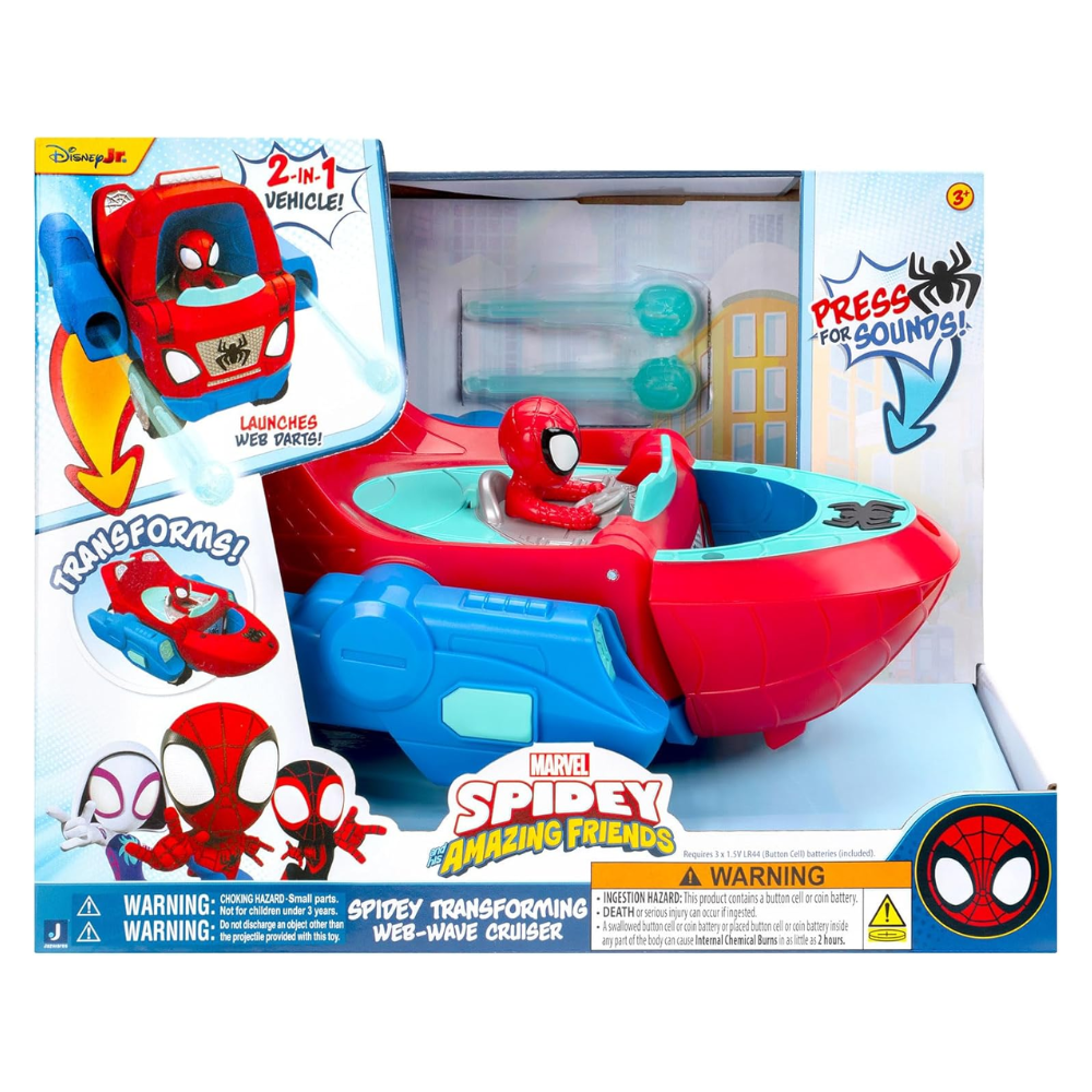 Spidey and His Amazing Friends Spidey Transforming Web-Wave Cruiser - 9-Inch 2-In-1 Vehicle with Free Wheels and Web Dart Launchers