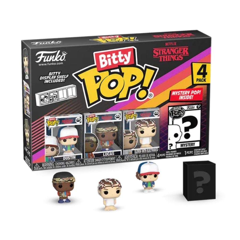Stranger Things: Bitty Pop! Vinyl Figure 4-Pack: Dustin, Lucas, Eleven (with Electrodes) & Mystery Figure