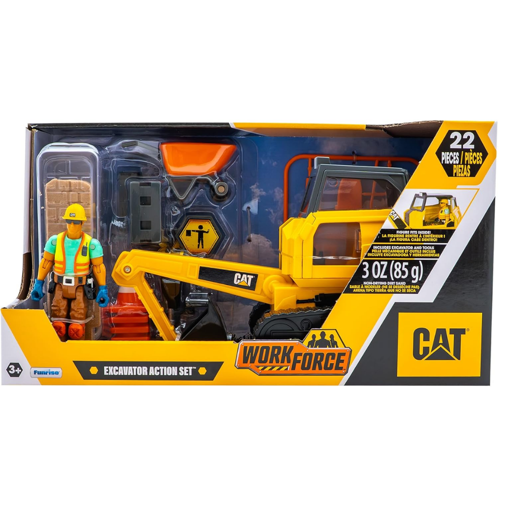 Cat Workforce Excavator Action Set, 23-Piece Kids Construction Toy Playset with 4-Inch Figure