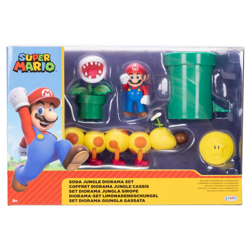 Nintendo Super Mario Soda Jungle Diorama Includes 3 Figures and 2 Accessories: 2.5-Inch Mario, Wiggler, Piranha Plant, Warp Pipe, Coin