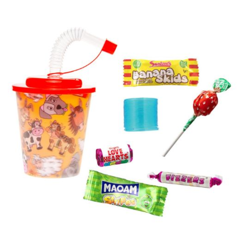 Single sweet filled drinks cup with straw