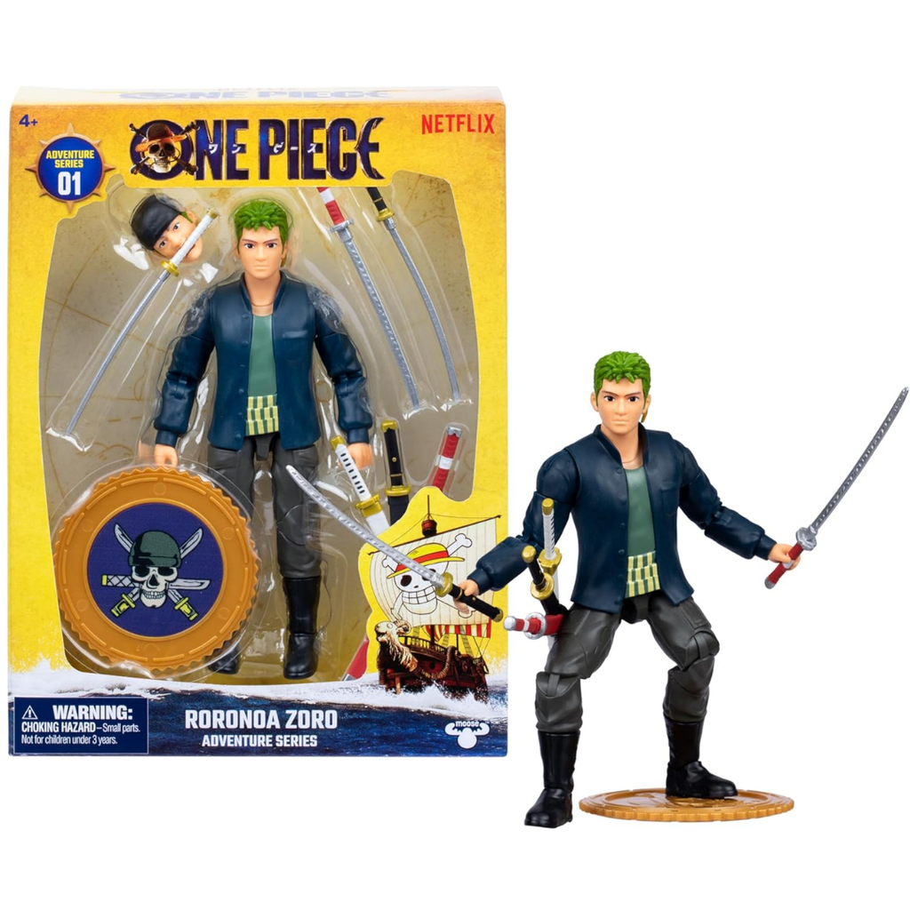 One Piece Zoro 6" (15.24cm) Action Figure with 5 Accessories. Includes Swappable Swords, Sword Holder, Swappable Face, and Berry Coin Display Base