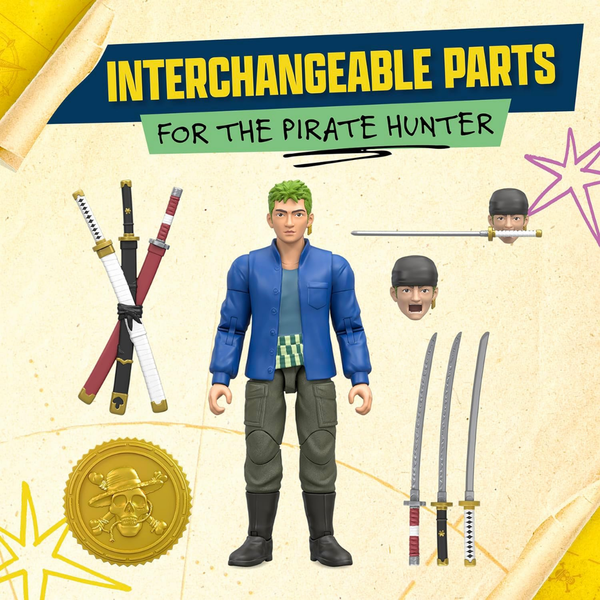 One Piece Zoro 6" (15.24cm) Action Figure with 5 Accessories. Includes Swappable Swords, Sword Holder, Swappable Face, and Berry Coin Display Base